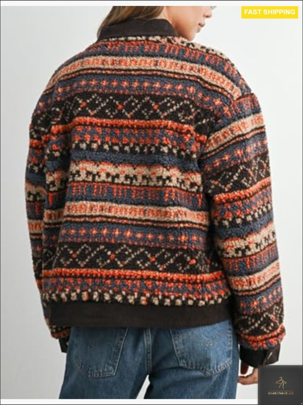 Floral Sherpa Jacket Open Front Denim Collar Oversized Fleece Outerwear Pockets - Picture 5 of 7